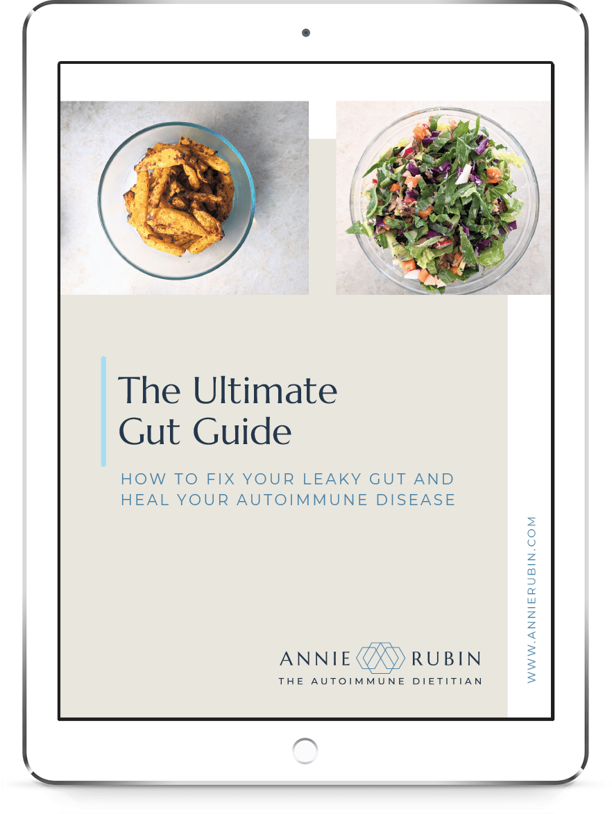 Ipad showing the cover page of The Ultimate Gut Guide, written by Annie Rubin, nutritionist for autoimmune and inflammatory disorders