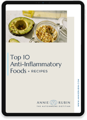 Ipad showing the cover page of Top AntiInflammatory Foods Guide, written by Annie Rubin, nutritionist for autoimmune and inflammatory disorders