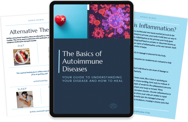 ebook PDF on ipad titled The Basics of Autoimmune Diseases Guide with two excerpts of pages shown around it